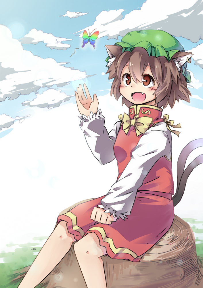 animal_ears, bow, brown_eyes, brown_hair, butterfly, cat_ears, cat_tail, chen, cloud, clouds, earrings, hat, jewelry, long_sleeves, multiple_tails, open_mouth, satsumi, short_hair, sitting, sky, solo, tail, touhou