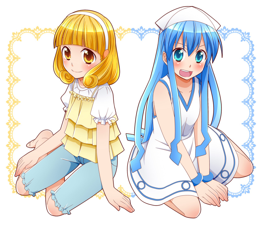 barefoot, blonde_hair, blue_eyes, blue_hair, capri_pants, casual, crossover, dress, hairband, hat, highres, hirune_(umineko07151129), ikamusume, kanemoto_hisako, kise_yayoi, long_hair, looking_at_viewer, multiple_girls, open_mouth, precure, seiyuu_connection, shinryaku!_ikamusume, short_hair, smile, smile_precure!, tentacle_hair, yellow_eyes
