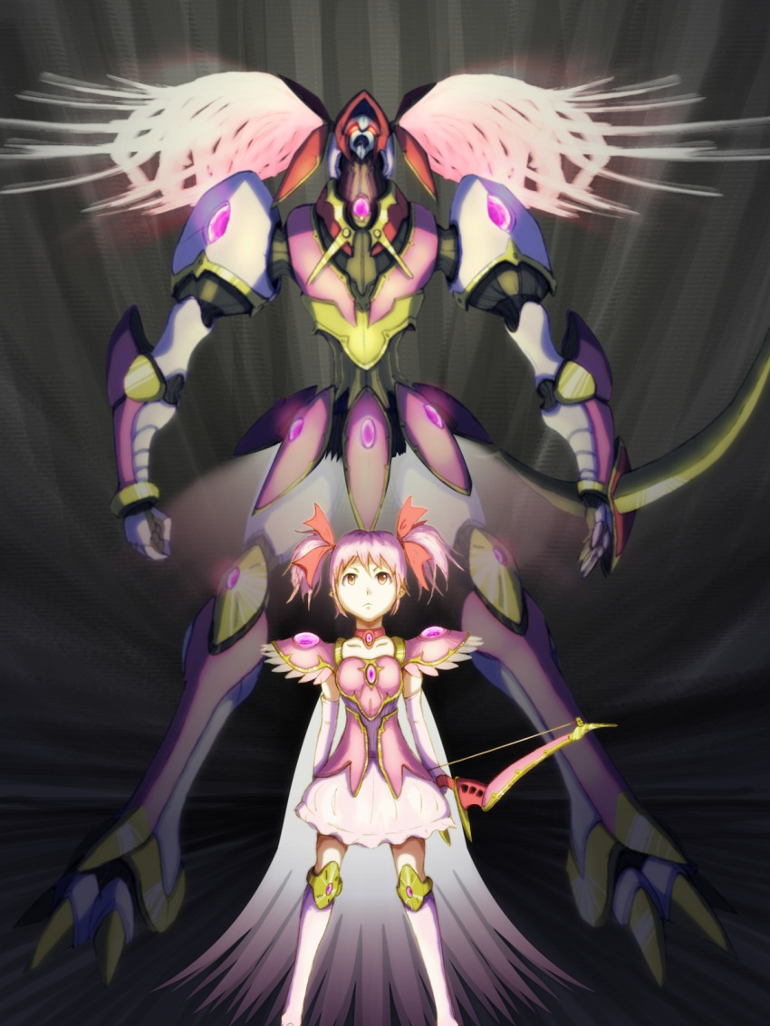 1girl, armor, boots, bow_(weapon), cape, choker, elbow_gloves, gloves