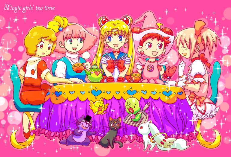 bird, bishoujo_senshi_sailor_moon, blonde_hair, blue_eyes, brown_hair, bubble_skirt, cat, chair