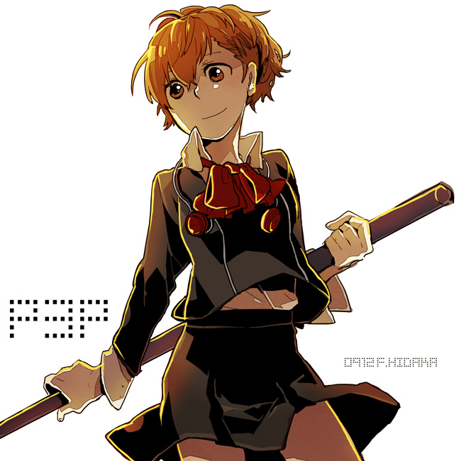 bow, female_protagonist_(persona_3), hair_ornament, hairclip, headphones, hidaka_fuuro, persona, persona_3, persona_3_portable, polearm, school_uniform, short_hair, skirt, smile, solo, spear, weapon