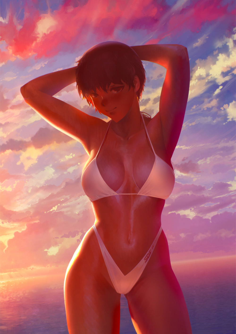 agnidevi, armpits, arms_behind_head, arms_up, bikini, breasts, brown_hair, cloud