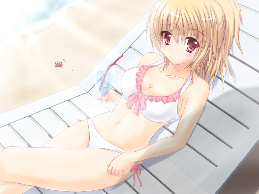 beach_chair, bikini, blonde_hair, blush, breasts, cleavage, crab, drink