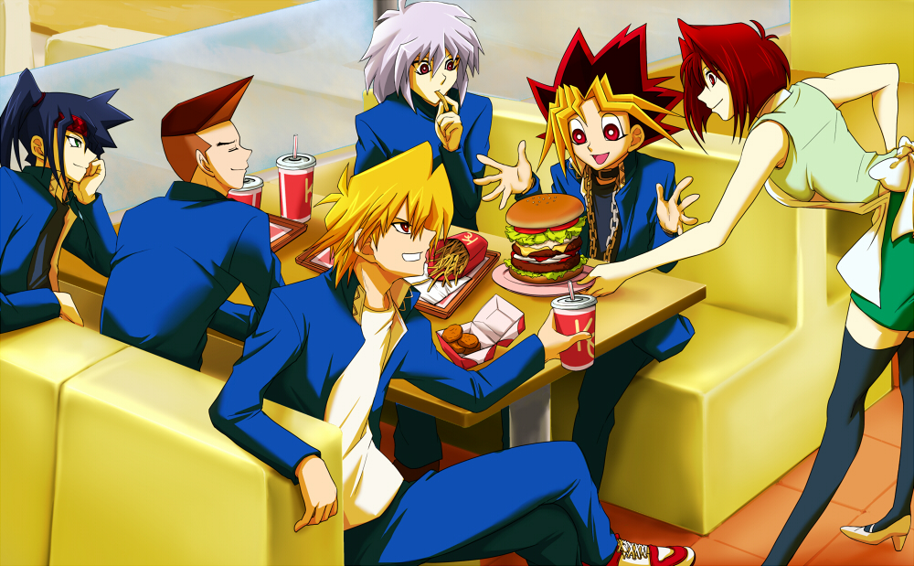 1girl, 5boys, :d, apron, bakura_ryou, black_hair, black_legwear, blonde_hair