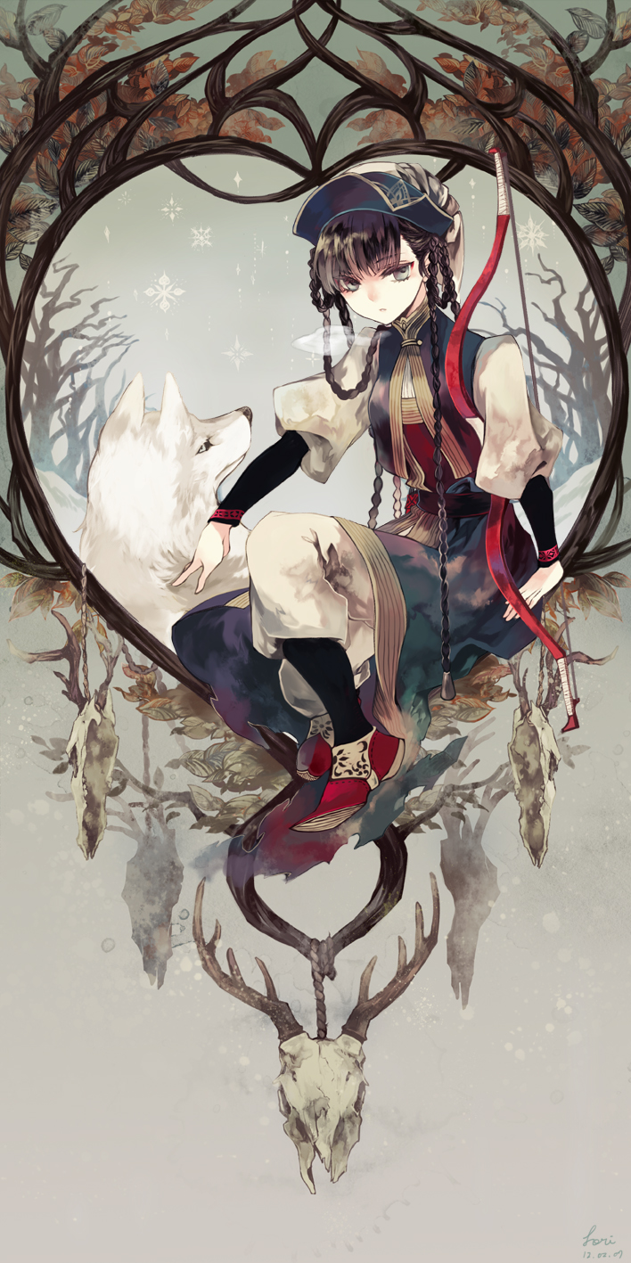 black_hair, bow_(weapon), braid, branch, fori, green_eyes, highres, horns