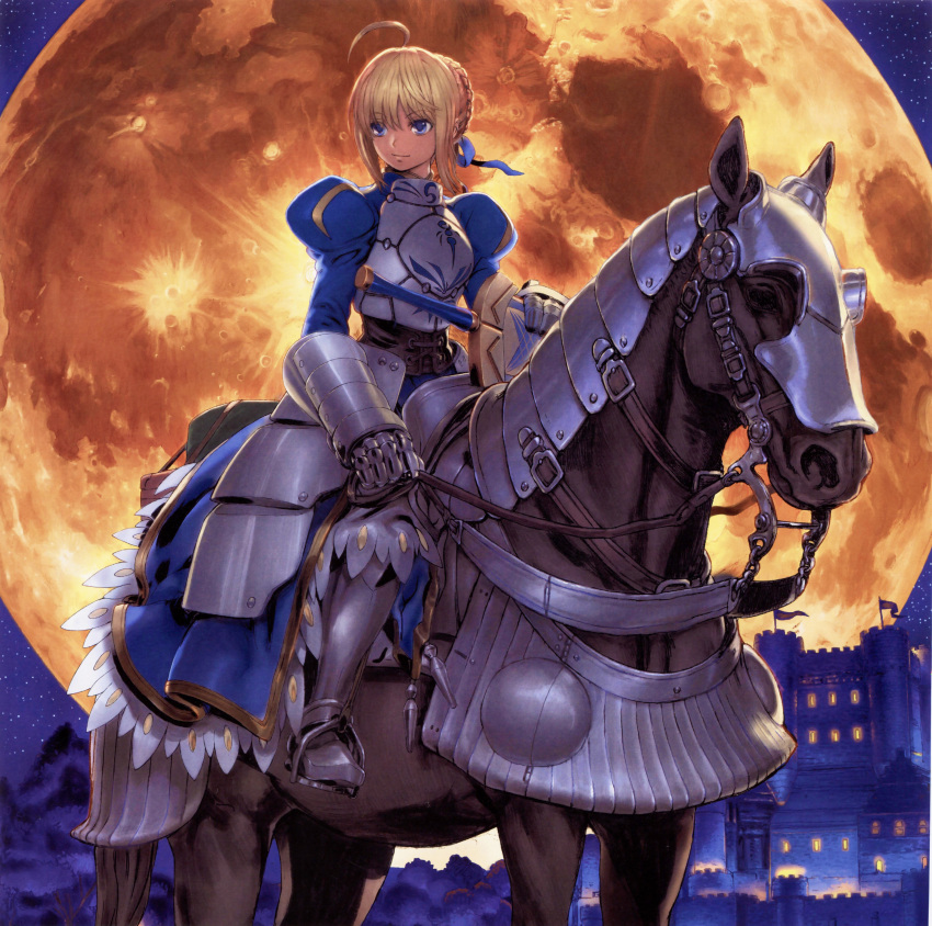 absurdres, ahoge, armor, armored_dress, avalon_(fate/stay_night), binding_discoloration, blonde_hair, blue_eyes, braid, castle, fate/stay_night, fate_(series), french_braid, full_moon, gauntlets, hair_ribbon, highres, horse, horseback_riding, moon, night, night_sky, ribbon, saber, sky, sword, weapon, yasuda_akira, yellow_moon