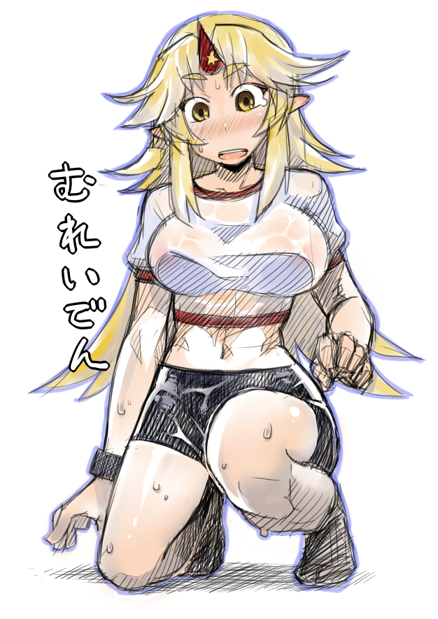 asakawa_remon, bike_shorts, blonde_hair, blush, breasts, horn, hoshiguma_yuugi, long_hair