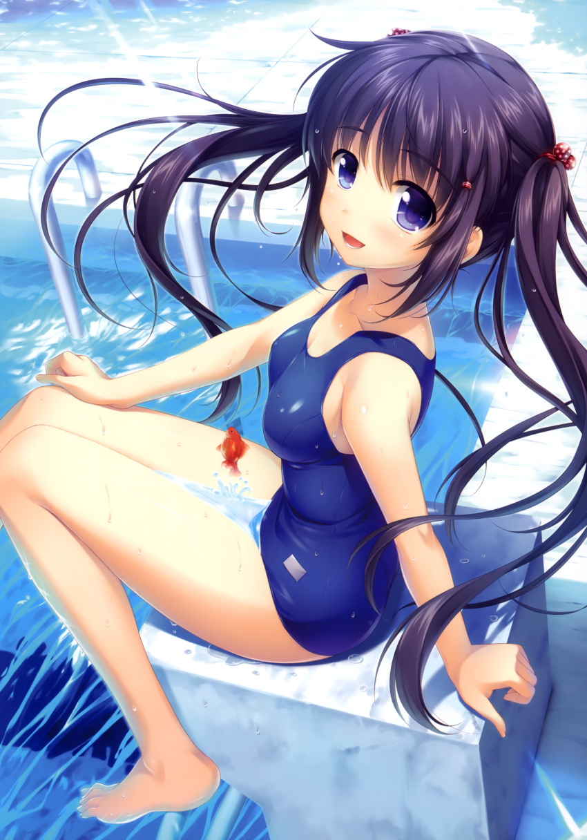absurdres, alpha, alpha_(artist), arm_support, bare_legs, bare_shoulders, barefoot, black_hair, blue_eyes, feet, fish, from_above, hair_bobbles, hair_ornament, highres, long_hair, looking_at_viewer, original, pool, pool_ladder, scan, school_swimsuit, sitting, smile, solo, starting_block, sunlight, swimsuit, twintails, wakamezake, water, wet