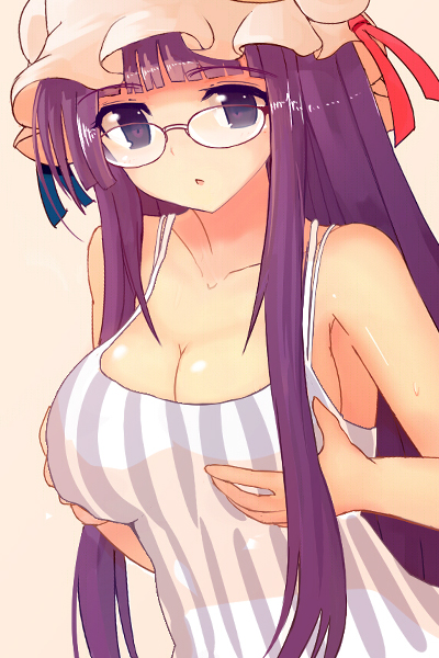 bad_id, breast_grab, breast_hold, breasts, camisole, glasses, hat, long_hair, open_mouth, patchouli_knowledge, purple_eyes, purple_hair, solo, touhou, violet_eyes, yodori