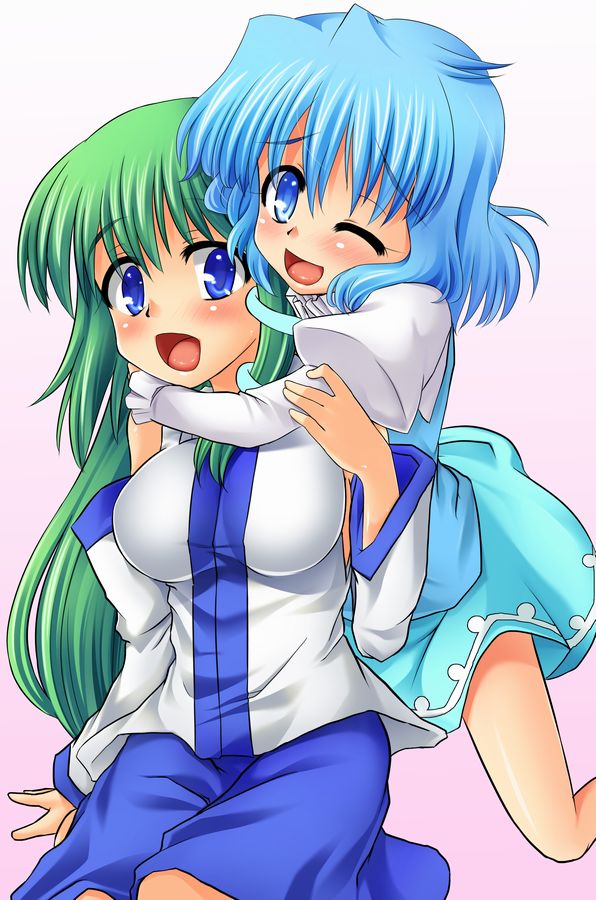 ?_?_?, blue_eyes, blue_hair, blush, breasts, detached_sleeves, frog_hair_ornament, green_hair, hair_ornament, hair_tubes, hug, k_and_k_(togoku), kochiya_sanae, long_hair, multiple_girls, open_mouth, short_hair, skirt, smile, snake, solo, tatara_kogasa, touhou, wink, ã¯â½â€¹_ã¯â¼â€, _ã¯â½â€¹