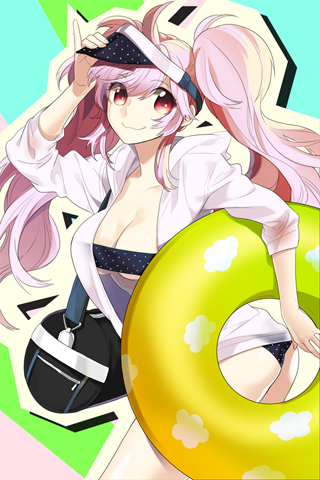 breasts, collarbone, cutout, duffel_bag, holding, innertube, long_hair, lowres, pink_hair, pinky_out, polka_dot, red_eyes, smile, sword_girls, troly, twintails, visor_cap
