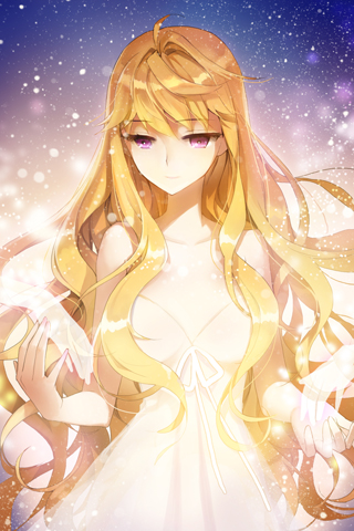 blonde_hair, collarbone, dress, glowing, linia_pacifica, long_hair, lowres, pink_eyes, ribbon, salt_(salty), smile, sword_girls, very_long_hair, wavy_hair