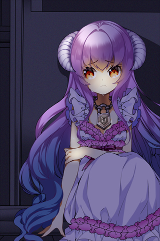 amrita, amrita_(sword_girls), crying, crying_with_eyes_open, dress, female, frilled_dress, frills, frown, holding_arm, horns, jewelry, lock, long_hair, lowres, necklace, odeu, pink_hair, red_eyes, sitting, solo, sword_girls, tears, very_long_hair, wavy_hair
