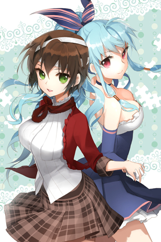 asmis, bandage, bandages, blue_hair, breasts, brown_hair, choker, cleavage