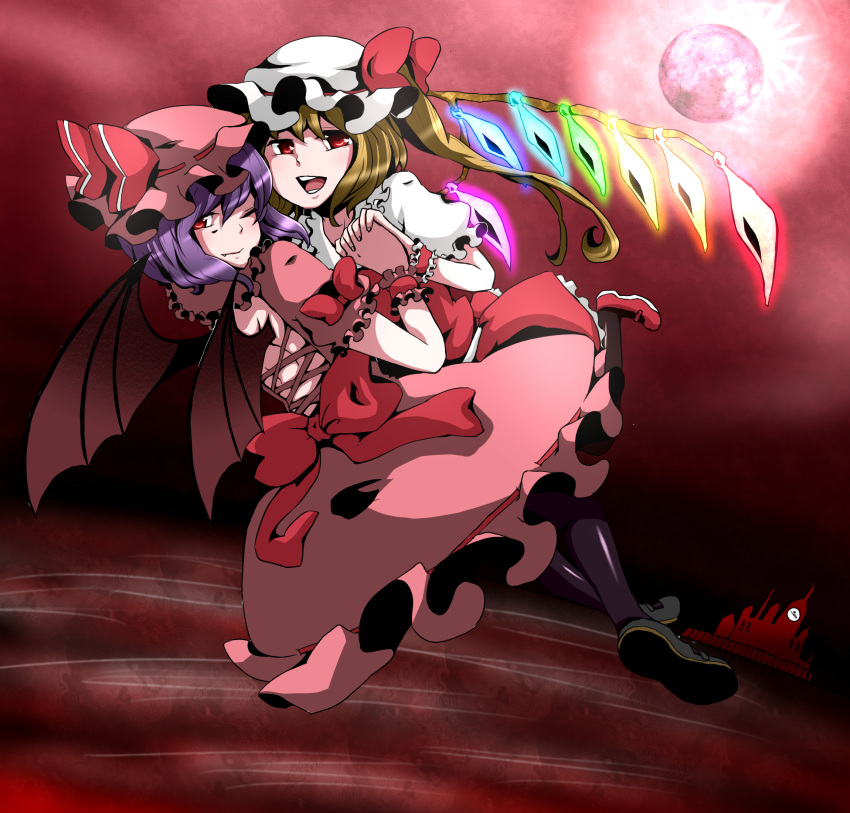 bat_wings, blonde_hair, blue_hair, bow, crystal, flandre_scarlet, hand_holding, hat
