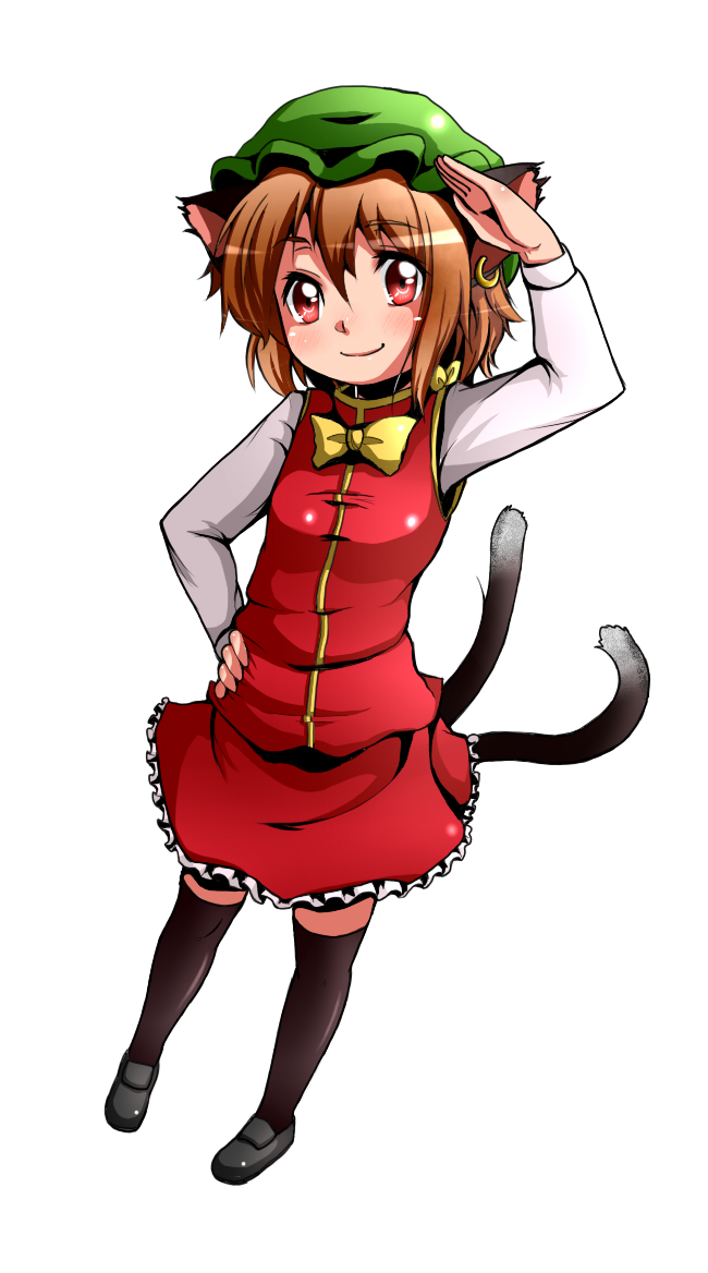 1girl, animal_ears, black_legwear, bow, brown_hair, cat_ears, cat_tail, chen