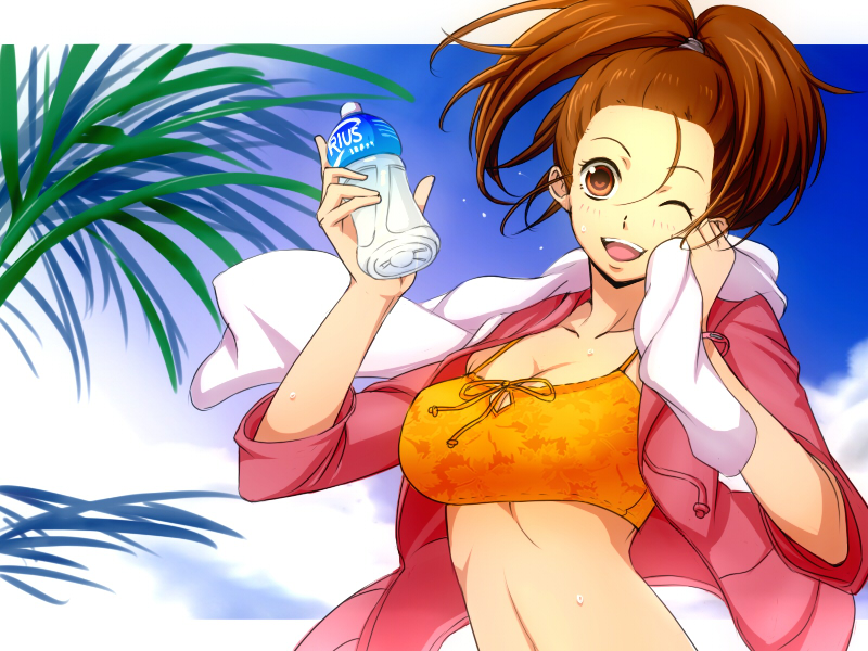 brown_eyes, brown_hair, itou_nonoha, jacket, looking_at_viewer, navel, open_mouth, palm_tree