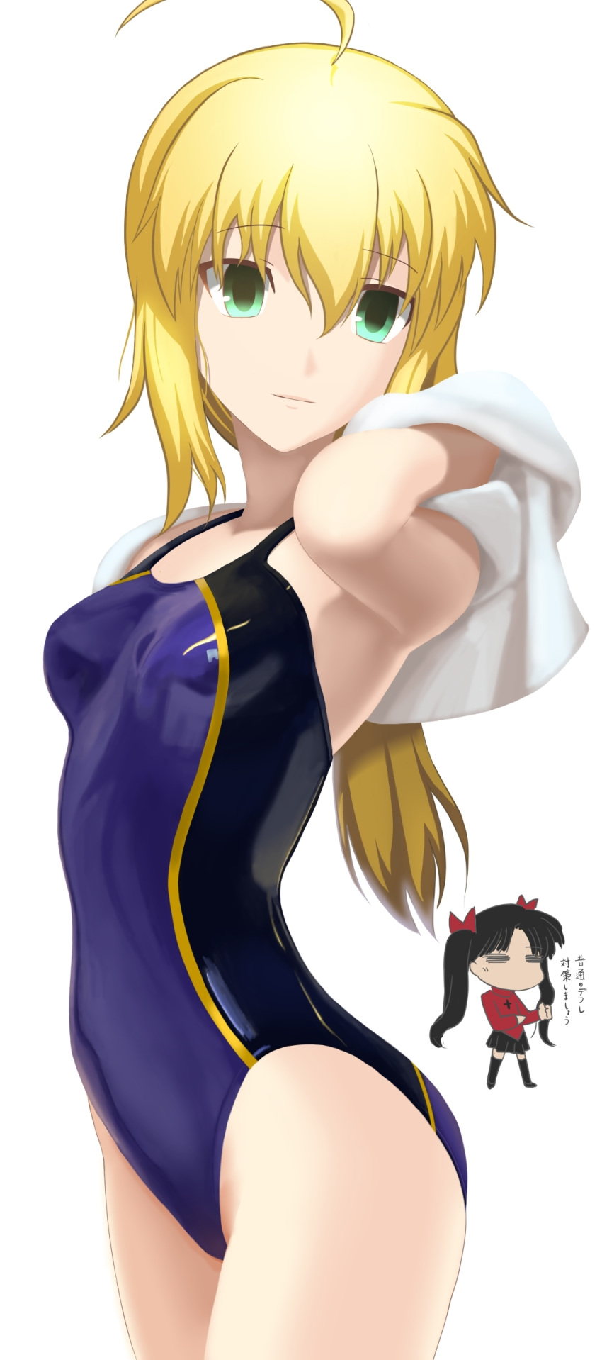 absurdres, ahoge, black_hair, blonde_hair, chibi, chibi_inset, competition_swimsuit, fate/stay_night