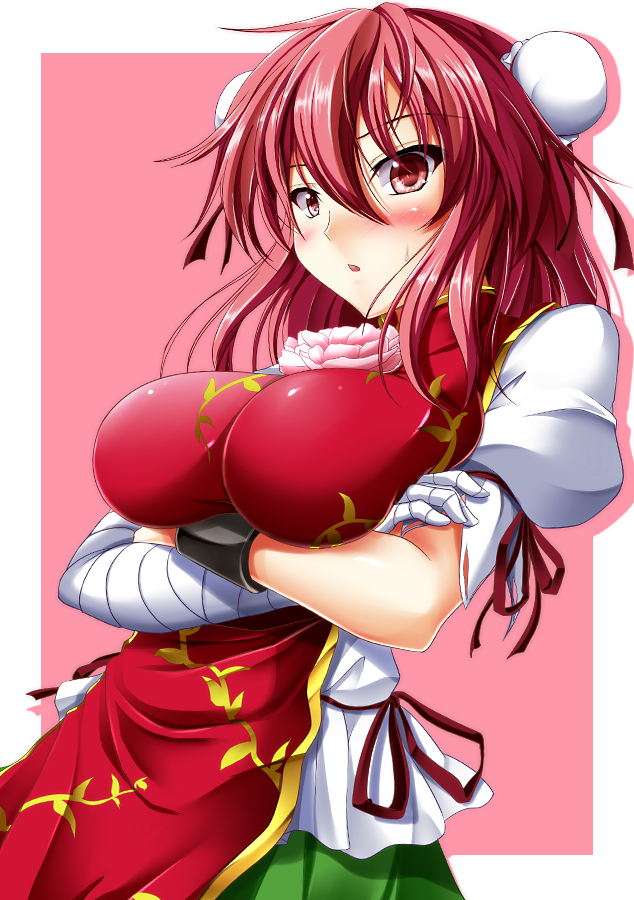 :o, bandage, bandages, blush, campbell_(pixiv), crossed_arms, double_bun, ibaraki_kasen