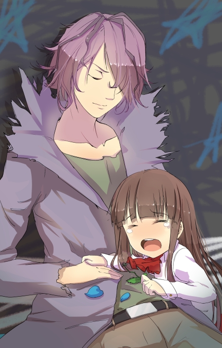 1girl, blue_rose, brown_hair, closed_eyes, coat, eve_(ib), eyes_closed, flower