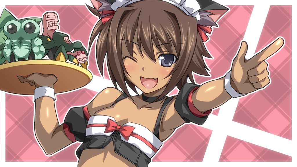 animal_ears, armpits, beta_(muvluv), brown_hair, cat_ears, cat_tail, dark_skin, fang