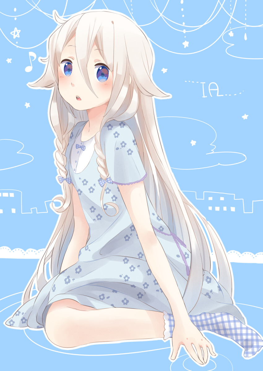 blonde_hair, blue_eyes, braid, highres, ia_(vocaloid), kana_(okitasougo222), long_hair, looking_at_viewer, open_mouth, socks, solo, twin_braids, very_long_hair, vocaloid