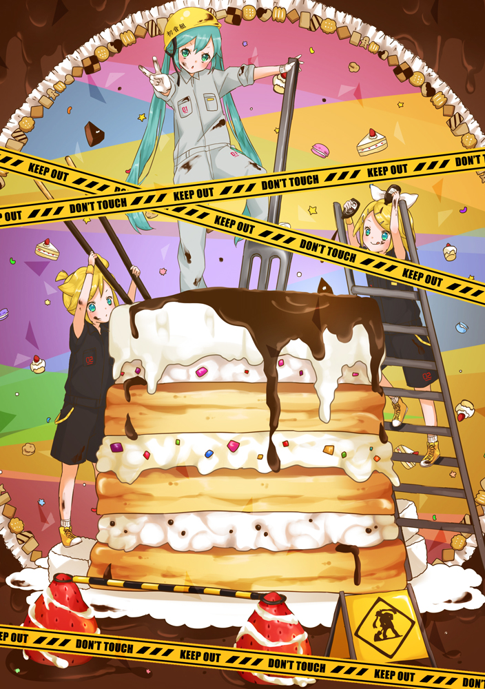 2girls, aqua_eyes, aqua_hair, bad_id, blonde_hair, cake, food, fork