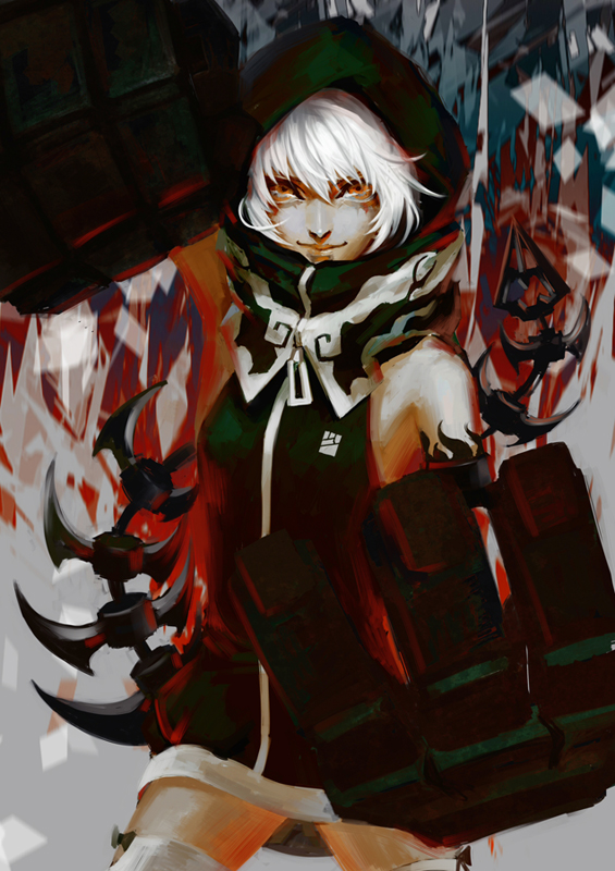 bare_shoulders, black_rock_shooter, dress, hood, hoodie, jun_du, looking_at_viewer, mechanical_arm