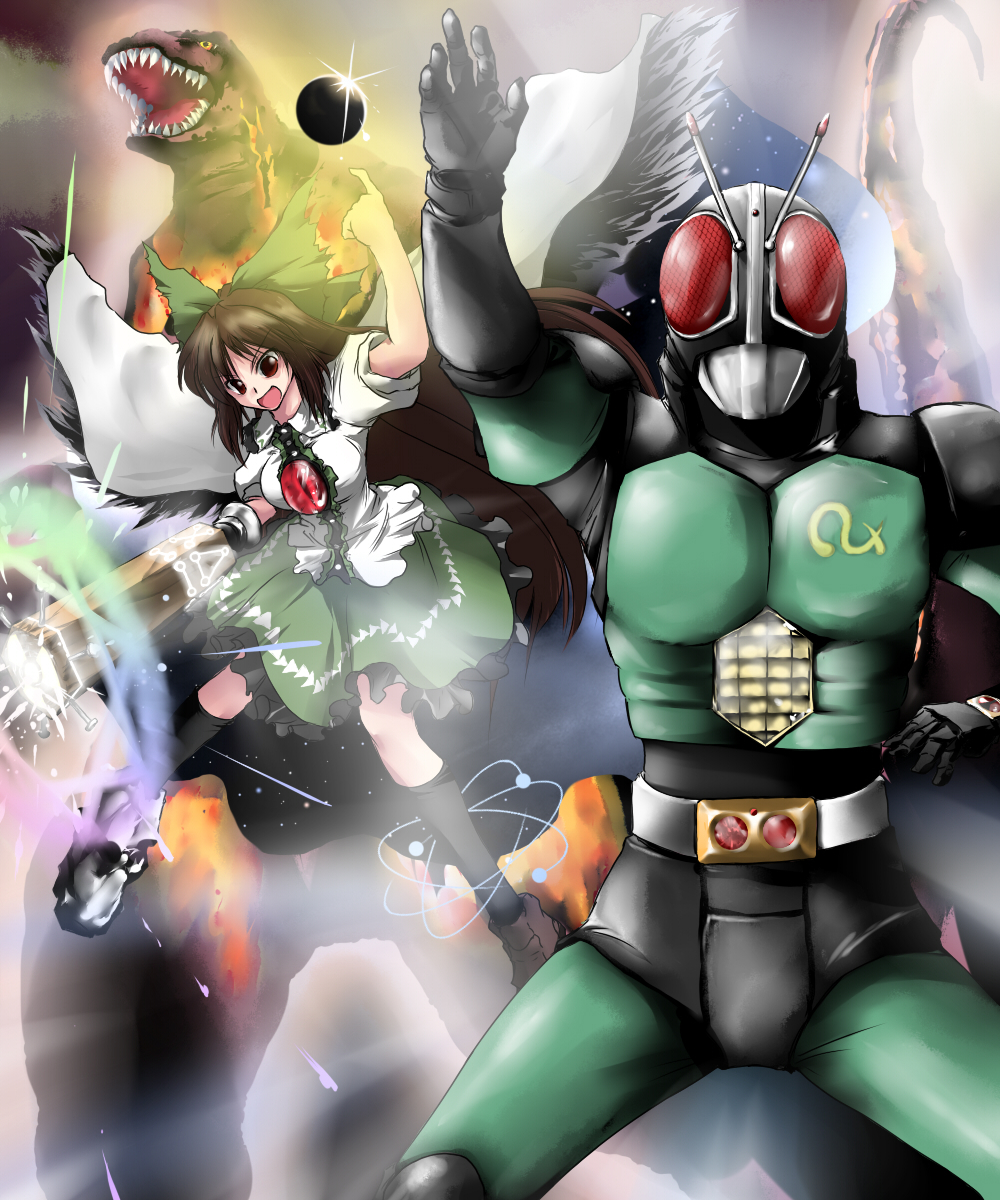 1boy, 1girl, antennae, arm_cannon, belt, bow, brown_hair, crossover, female, giant_monster, godzilla, godzilla_(series), hair_bow, highres, kaijuu, kamen_rider, kamen_rider_black_rx, kamen_rider_black_rx_(series), kazami_shirou_(kaizou-zumi), long_hair, male, monster, pose, red_eyes, reiuji_utsuho, rider_belt, short_sleeves, third_eye, touhou, weapon, wings
