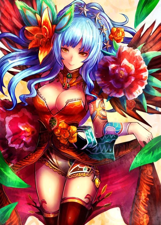 blue_hair, breasts, cleavage, flower, hair_flower, hair_ornament, kara_(color), long_hair