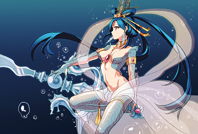 blue_hair, breasts, bubble, earrings, hair_ornament, hair_rings, jewelry, long_hair, magi_the_labyrinth_of_magic, navel, pachi_(akira28), red_eyes, ren_kougyoku, scale, scales, solo, underwater, weapon