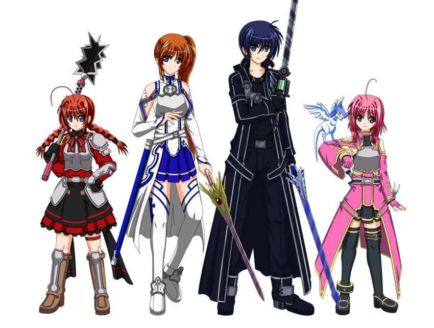 3girls, ahoge, alternate_color, alternate_weapon, armor, asuna_(sao), asuna_(sao)_(cosplay), bare_shoulders