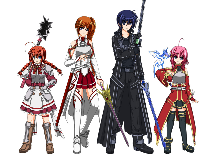 3girls, ahoge, alternate_weapon, armor, asuna_(sao), asuna_(sao)_(cosplay), bare_shoulders, black_hair, blue_eyes, boots, braid, brown_hair, caro_ru_lushe, chrono_harlaown, detached_sleeves, dragon, durandal_(nanoha), fingerless_gloves, friedrich, gloves, graf_eisen, highres, kirito_(cosplay), lisbeth, lisbeth_(cosplay), long_hair, lyrical_nanoha, mahou_shoujo_lyrical_nanoha_strikers, multiple_girls, orange_hair, pina_(sao), pink_hair, raising_heart, s2u, sanarii, sheath, short_hair, side_ponytail, silica, silica_(cosplay), skirt, sword, sword_art_online, takamachi_nanoha, thigh-highs, thighhighs, twin_braids, vita, weapon, white_background, zettai_ryouiki