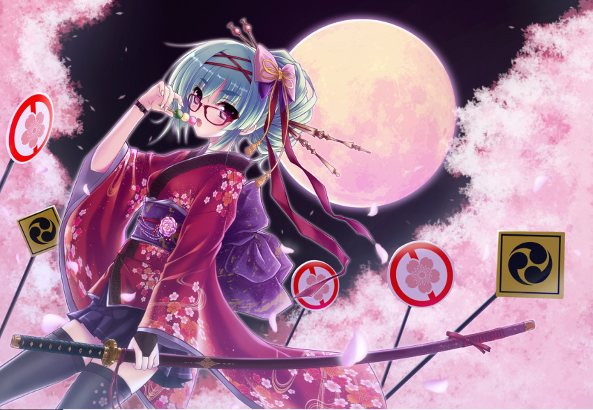 aqua_hair, black_legwear, blush, bow, cherry_blossoms, dango, eyebrows, fang