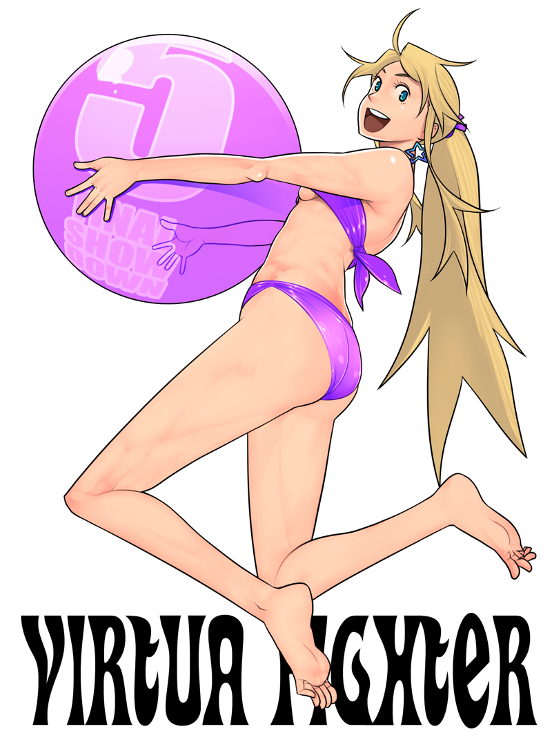 1girl, ahoge, ass, ball, barefoot, beachball, bikini, blonde_hair