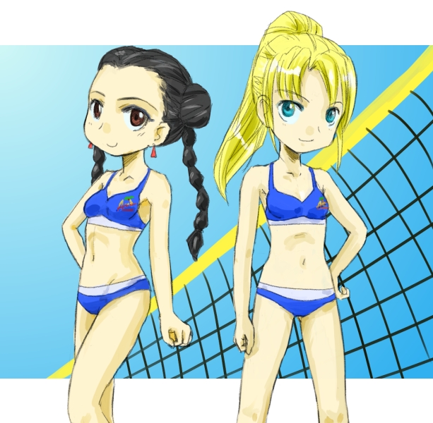 2girls, bare_shoulders, beach_volleyball, bikini, black_hair, blonde_hair, blue_bikini, blue_eyes