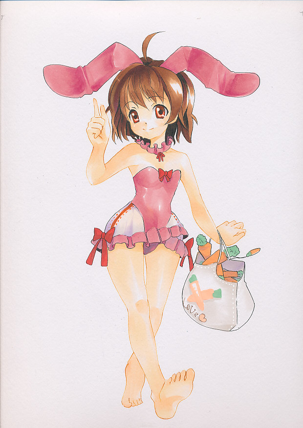 armpits, bag, bare_legs, barefoot, brown_hair, bunny_ears, bunny_girl, bunnysuit