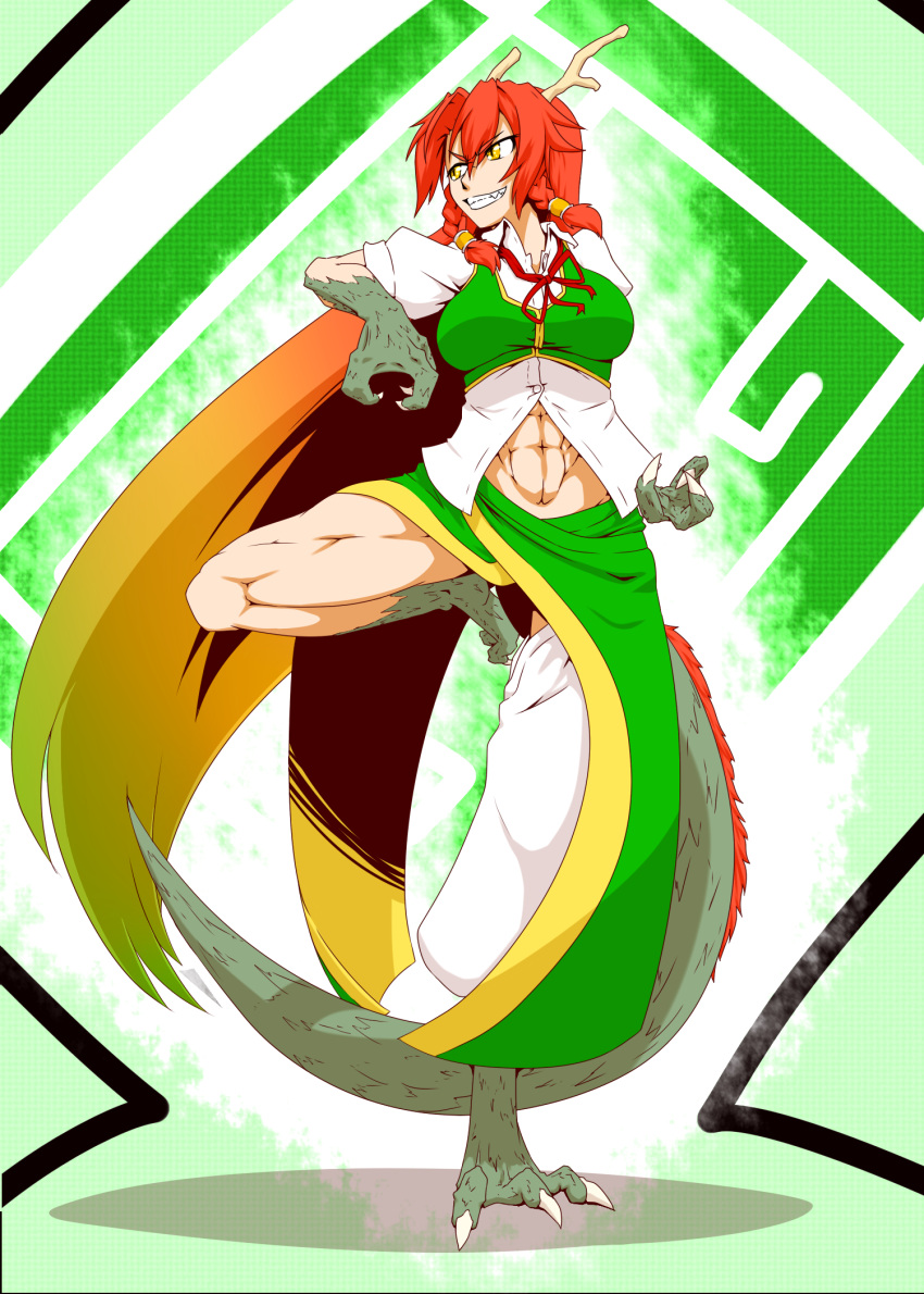 abs, braid, breasts, dragon_girl, dragon_horns, dragon_tail, ex-meiling, grin