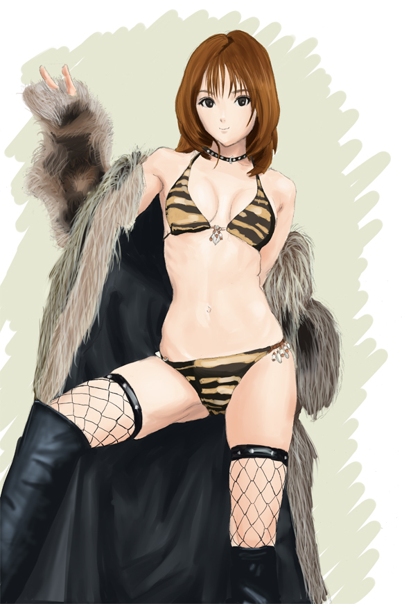 bikini, boots, brown_eyes, brown_hair, coat, fishnet_legwear, fishnet_stockings, fishnets