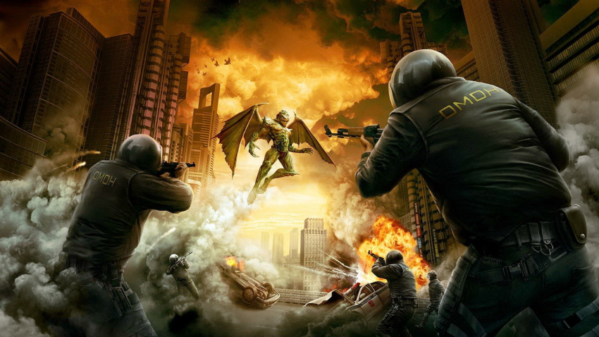ak-74, apocalypse, artist_request, assault_rifle, battle, car, city, demon
