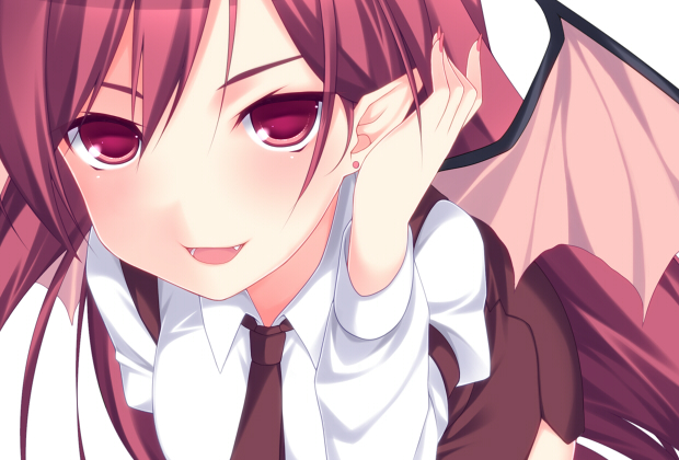 :d, blush, earrings, fang, jewelry, kabata_(mechisan), koakuma, long_hair, looking_at_viewer, necktie, open_mouth, pointy_ears, red_eyes, red_hair, redhead, shirt, smile, solo, touhou, white_shirt, wings
