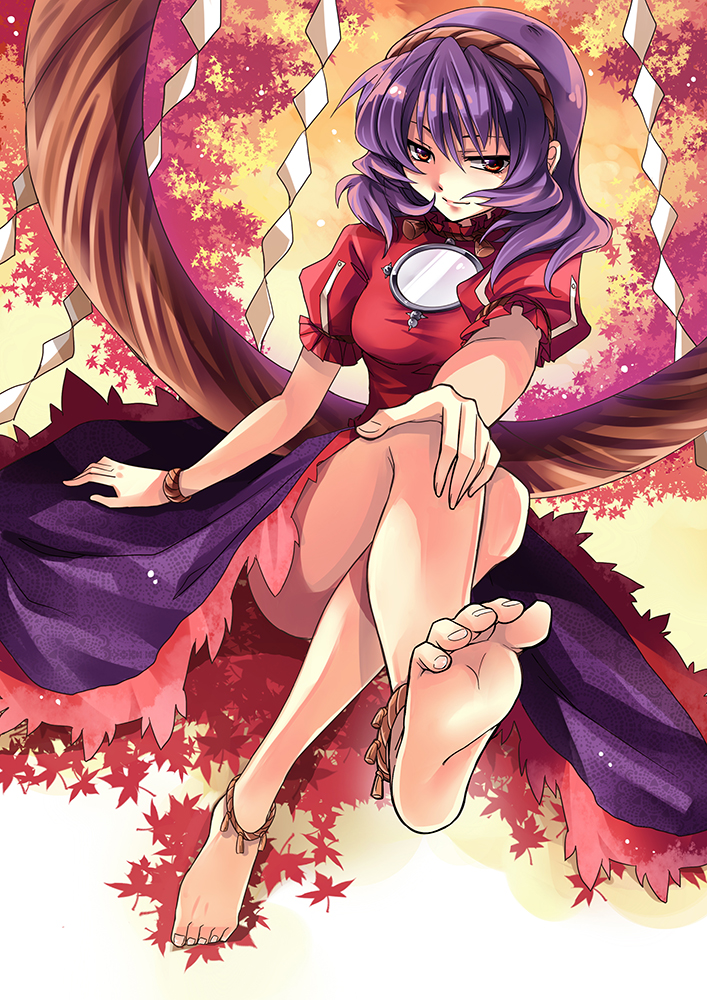 anklet, awh, bare_legs, barefoot, bracelet, breasts, crossed_legs, feet, headband, jewelry, leaf, legs_crossed, long_skirt, maple_leaf, purple_hair, red_eyes, short_hair, sitting, skirt, soles, solo, toes, touhou, yasaka_kanako