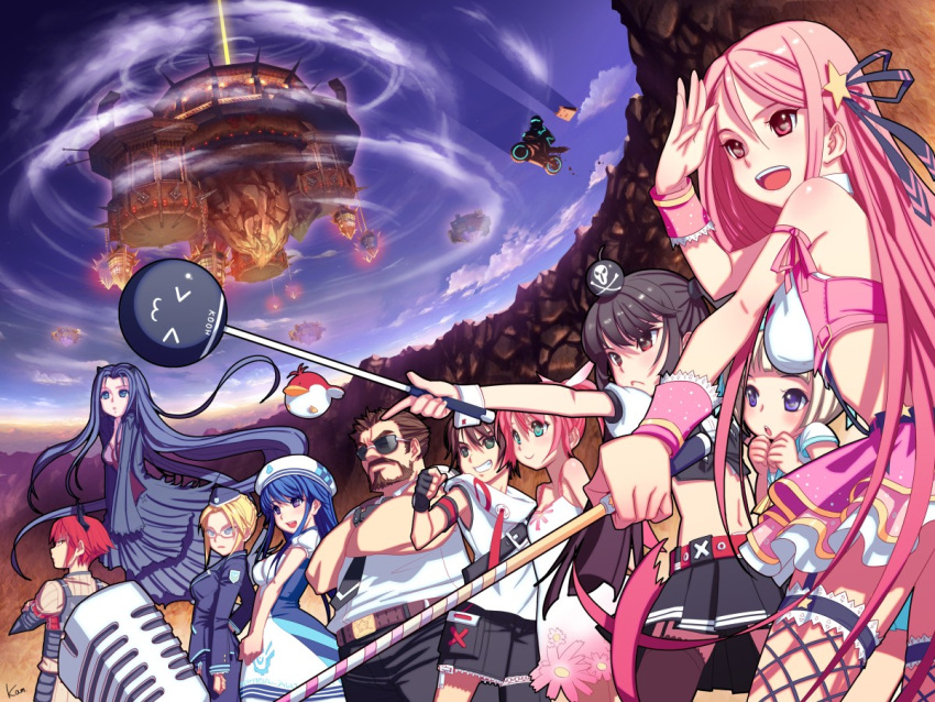 6+girls, :<, :o, aqua_eyes, arin, azer, bare_shoulders, black_hair