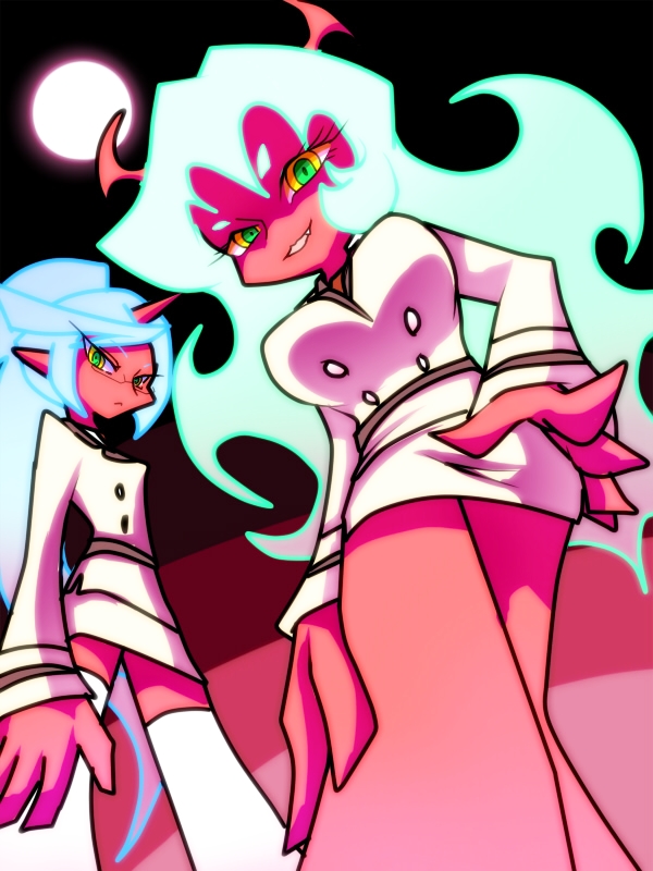 blue_hair, breasts, demon_girl, formal, from_below, glasses, green_eyes, green_hair, horn, horns, ingenmame, kneesocks_(psg), long_hair, moon, multiple_girls, panty_&amp;_stocking_with_garterbelt, ponytail, red_skin, scanty_(psg), siblings, sisters, suit, yellow_eyes