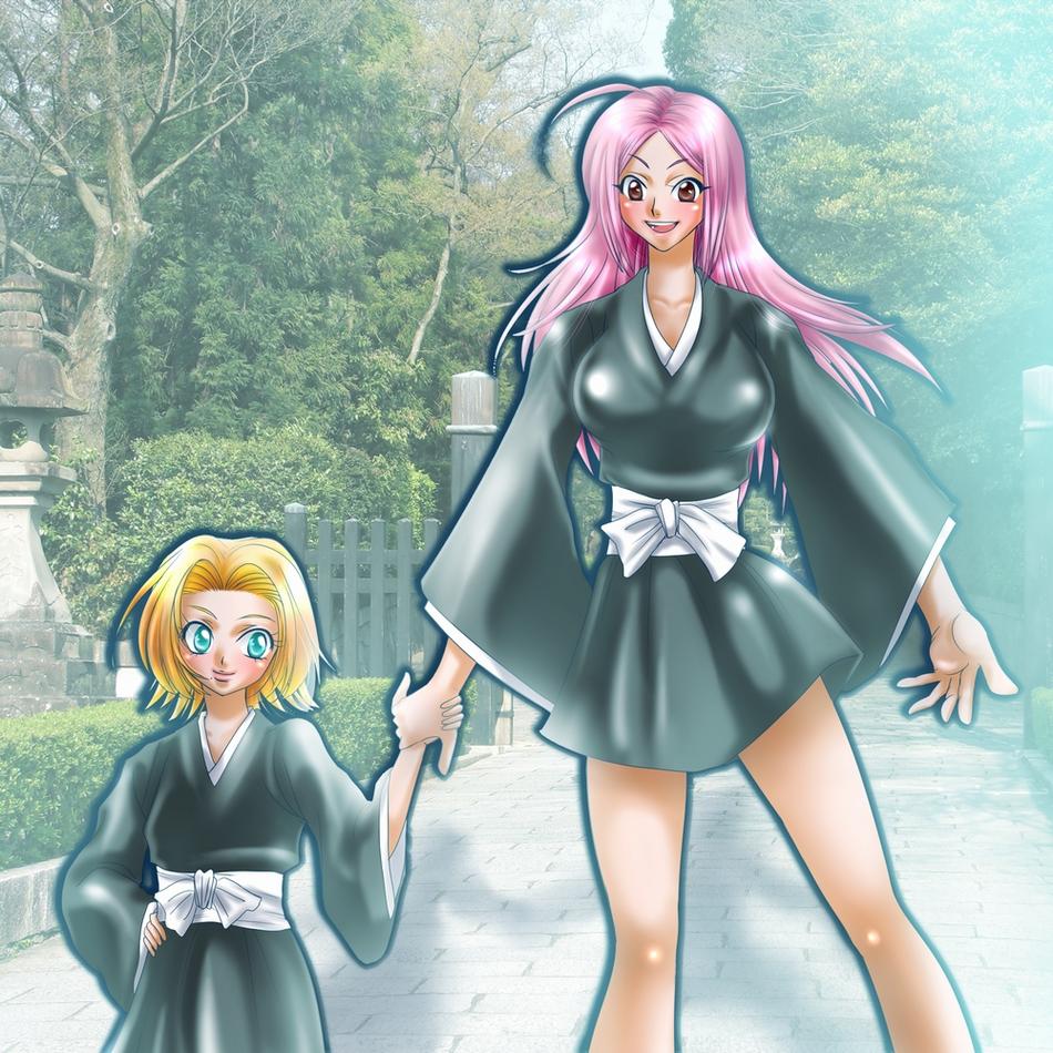 2girls, bleach, blush, body_swap, bodyswap, cleavage, kusajishi_yachiru, matsumoto_rangiku, smile