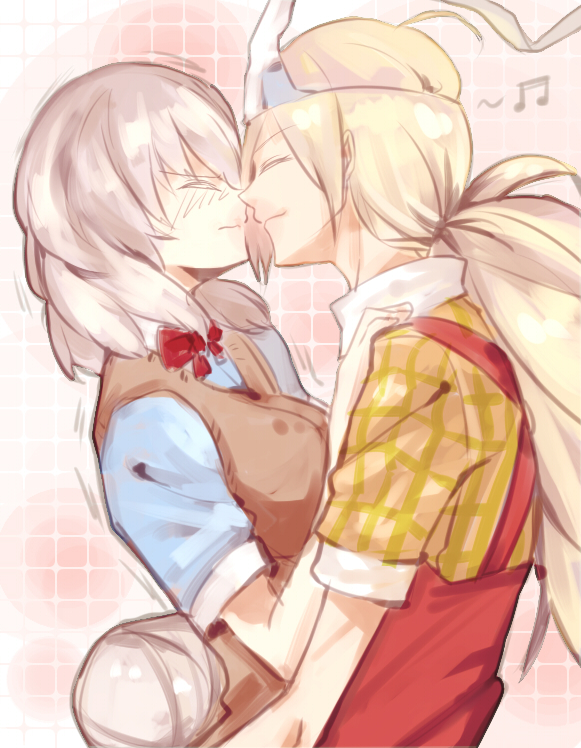 binbougami_ga!, blonde_hair, blush, closed_eyes, eyes_closed, happy, hug, incipient_kiss