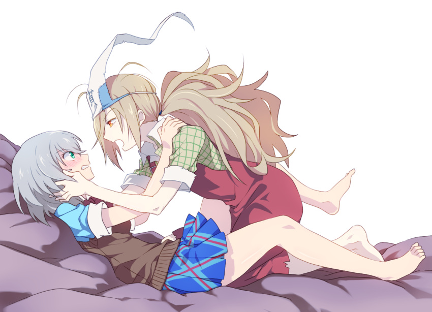 barefoot, bed, between_legs, binbougami_ga!, blonde_hair, blush, eye_contact, feet