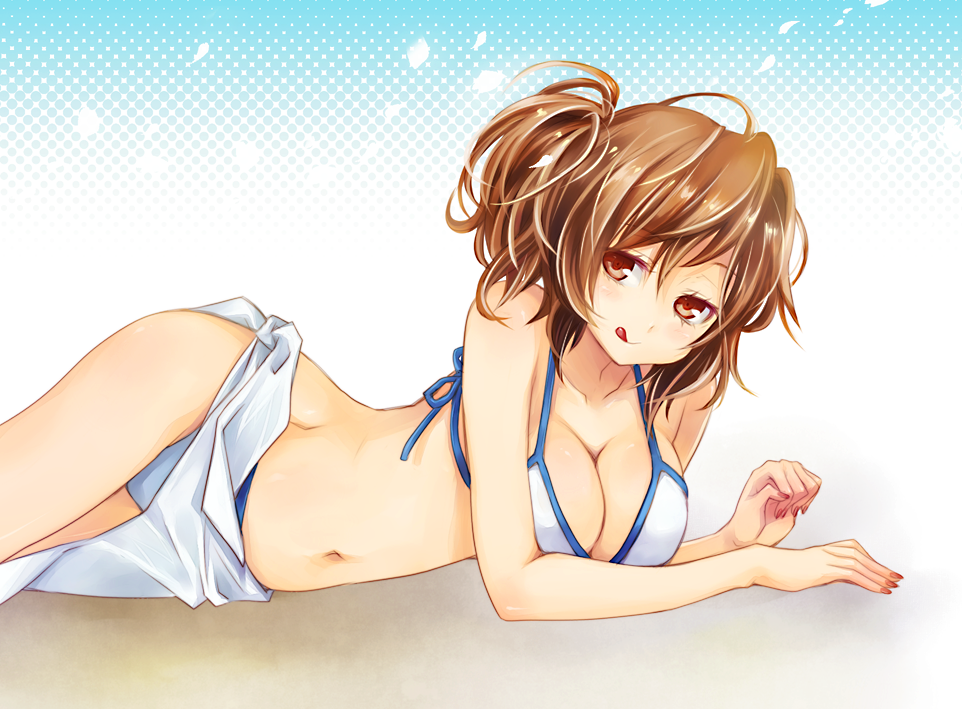 arm_support, belly, bikini, blush, breasts, brown_eyes, brown_hair, cleavage
