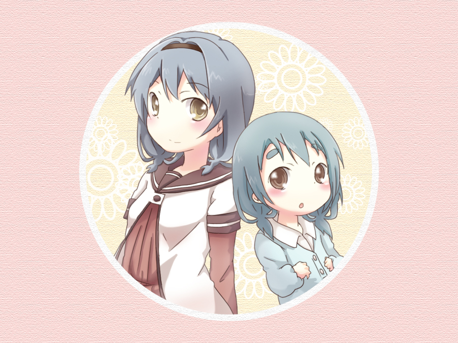 blue_hair, braid, brown_eyes, eyebrows, furutani_himawari, furutani_kaede, school_uniform, serafuku, siblings, sisters, tomaden, twin_braids, yuru_yuri