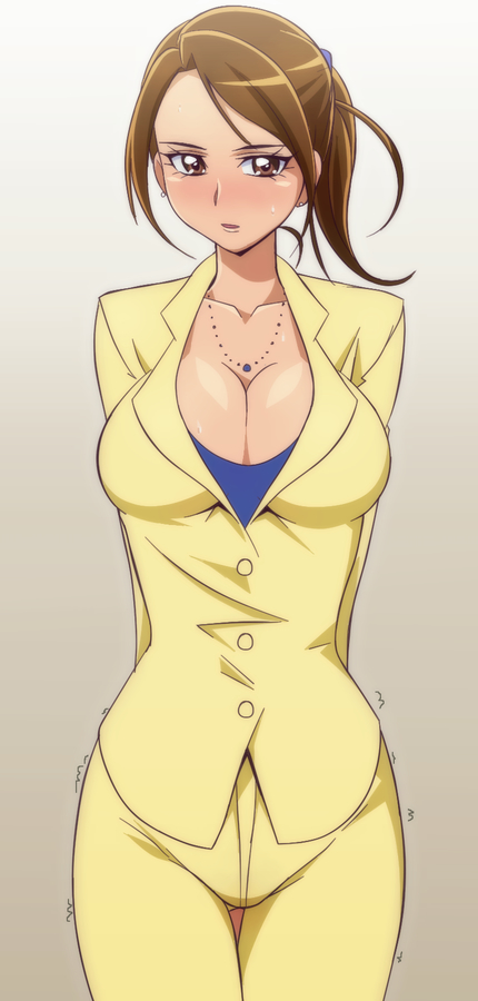 1girl, arms_behind_back, breasts, brown_eyes, brown_hair, cleavage, female, jacket, large_breasts, manji_(tenketsu), necklace, pants, ponytail, precure, sasaki_namie, short_hair, smile_precure!, solo, tenketu, trembling